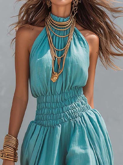 Mono Bohemio de Algodón y Lino con Cuello Halter, Cintura Fruncida y Pantalón Balloon