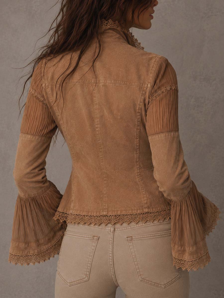 Chaqueta Boho Vintage Semitransparente con Encaje, Patchwork, Bolsillos y Mangas Largas Acampanadas