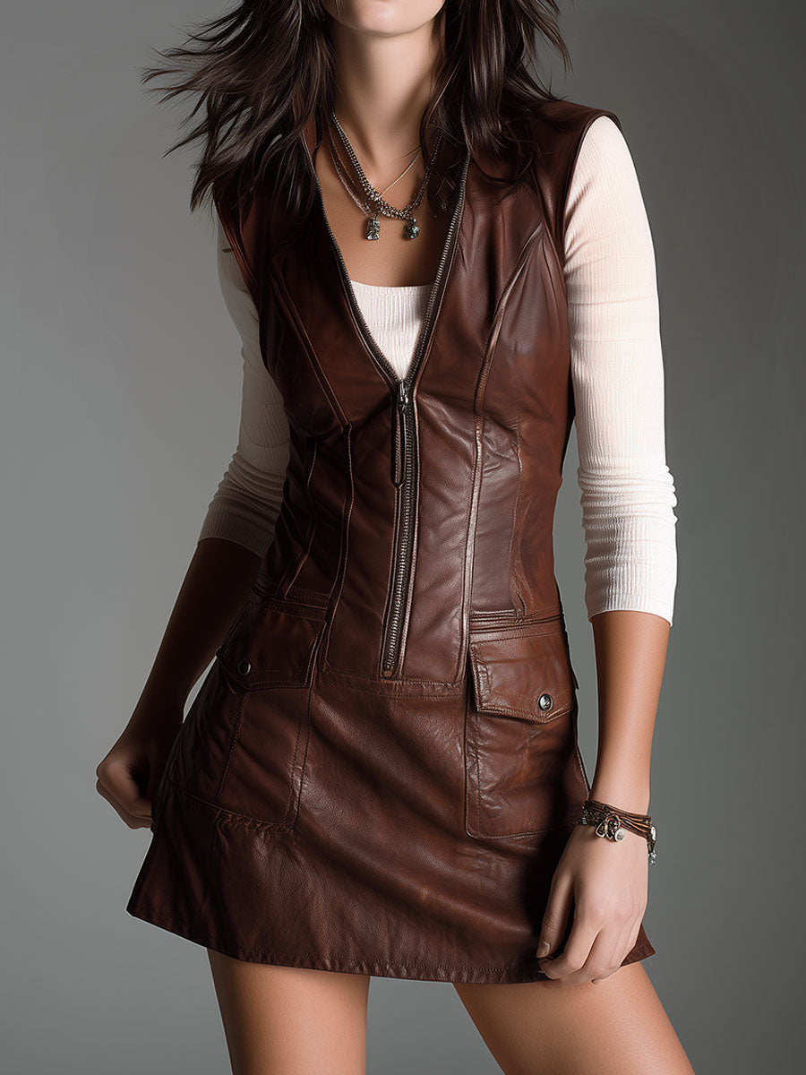 Vestido Mini de Ecopiel Marrón Chocolate con Cremallera Frontal y Bolsillos Utility