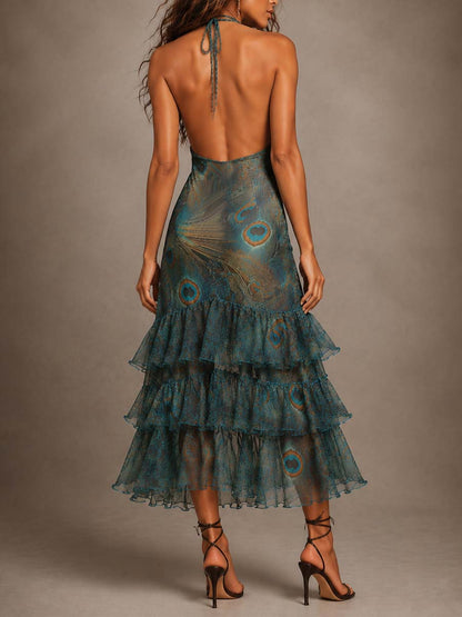 Vestido Midi Vintage de Chifón con Estampado de Pavo Real, Cuello Halter y Volantes