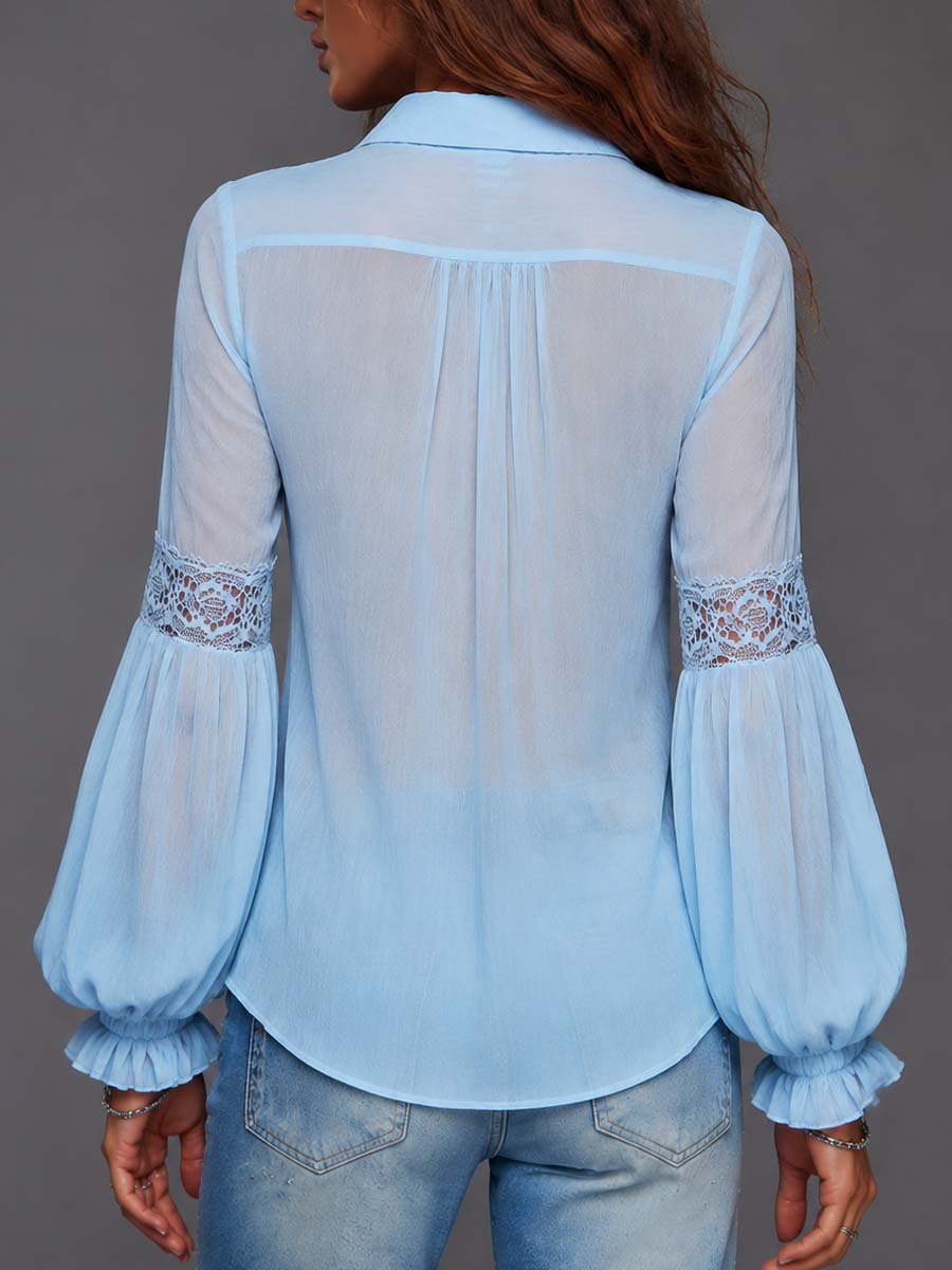 Blusa Boho Semitransparente con Detalles de Encaje y Mangas Abullonadas