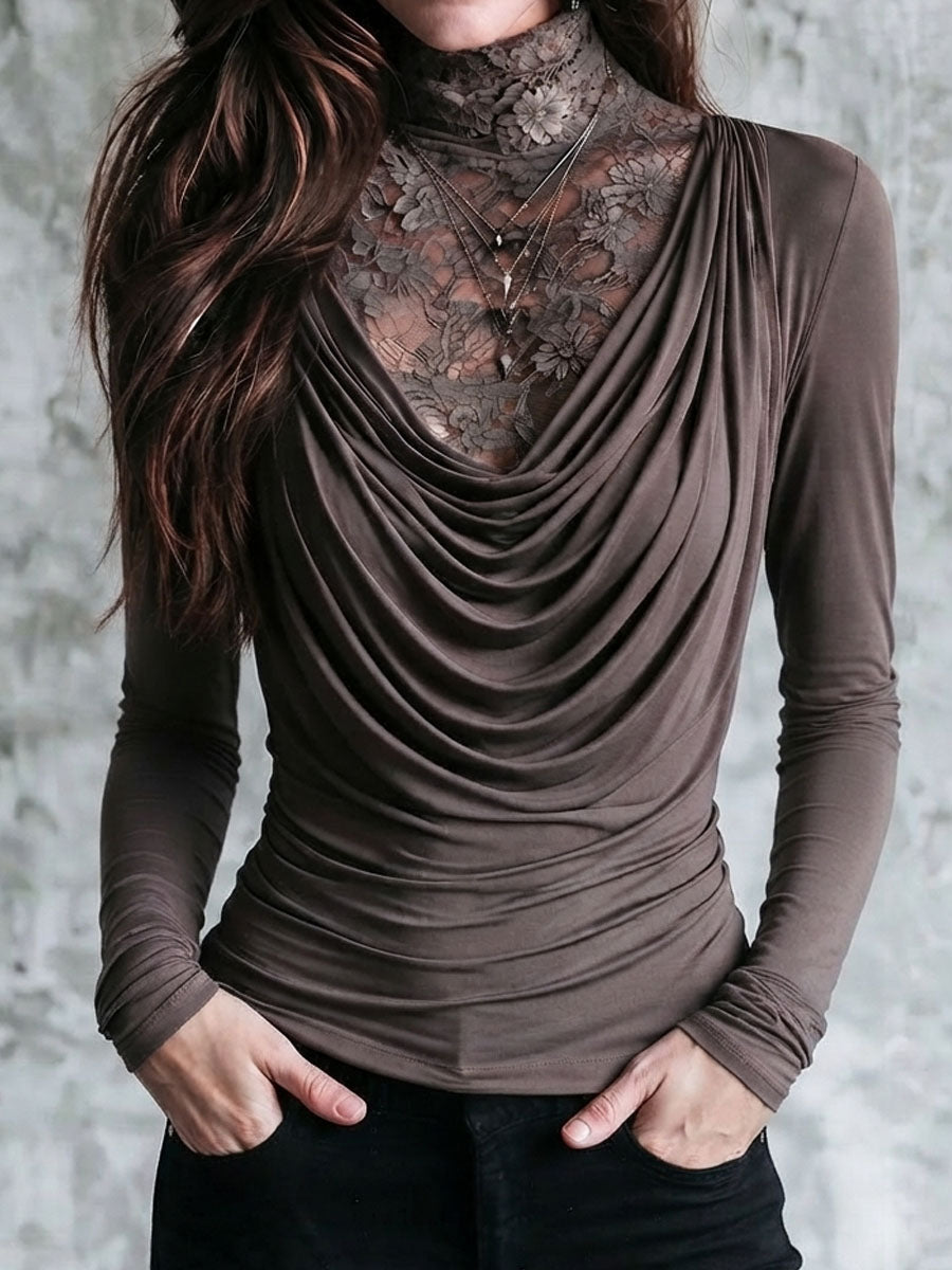 Top Boho Color Taupe Dos en Uno con Encaje, Cuello Alto y Escote Drapeado