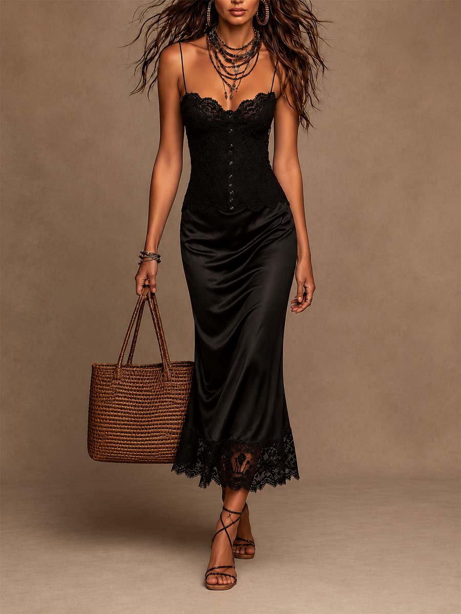 Vestido Midi Vintage de Satén con Tirantes y Detalles de Encaje