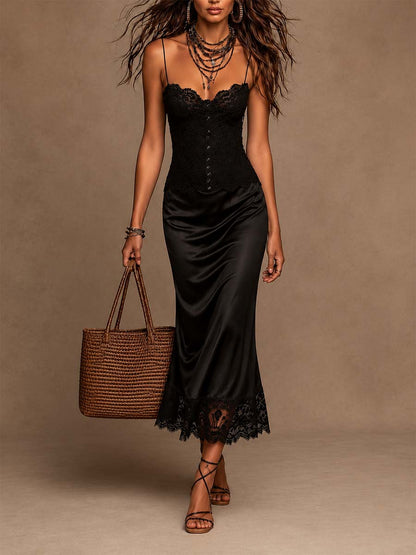 Vestido Midi Vintage de Satén con Tirantes y Detalles de Encaje