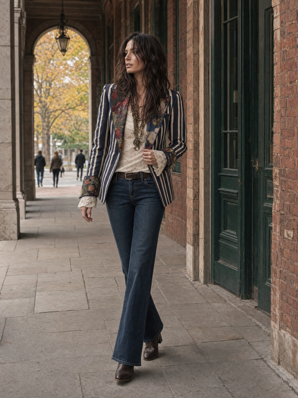 Blazer de algodón y lino con rayas y estampado floral bohemio