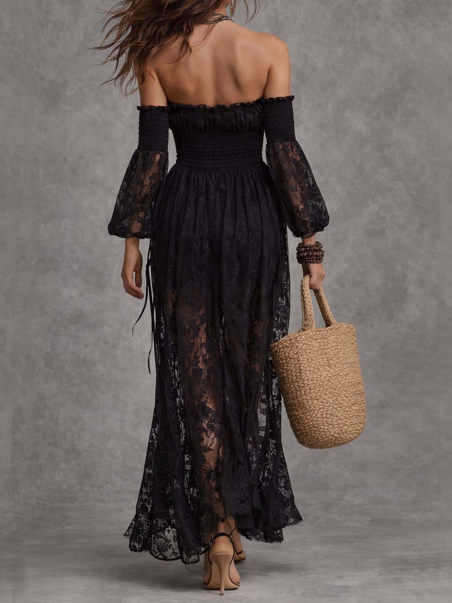 Vestido Maxi Negro de Encaje con Escote Bardot y Cuerpo Fruncido