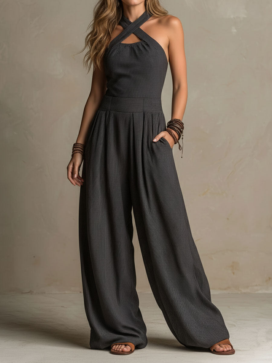 Mono Boho Gris Carbón de Pierna Ancha con Rayas Diplomáticas y Cuello Halter Cruzado
