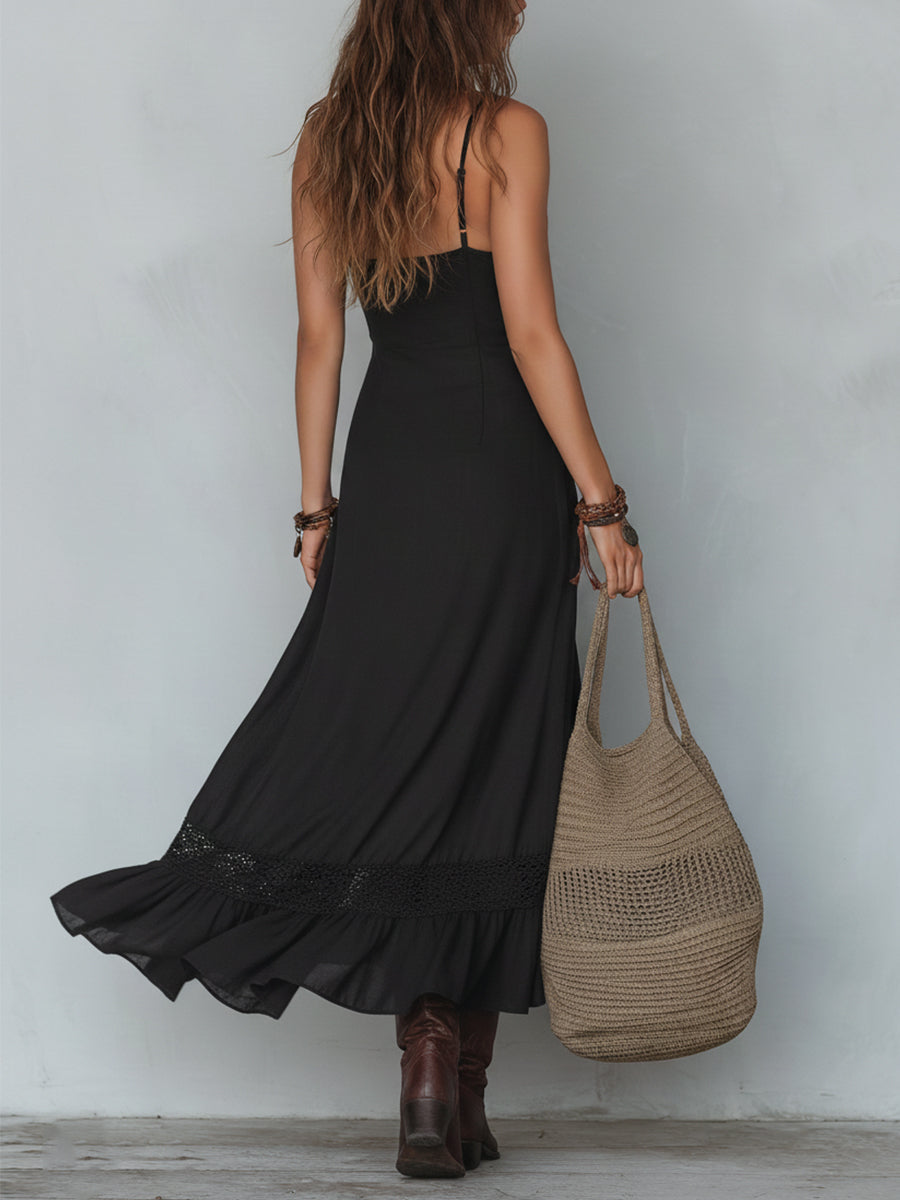Vestido Maxi Retro de Tencel con Detalles de Encaje y Bajo Asimétrico