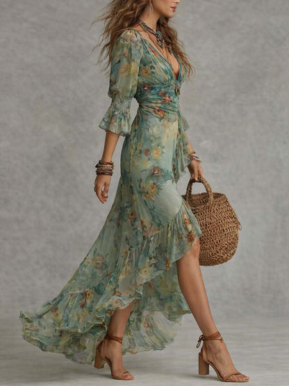 Vestido largo cruzado con estampado floral romántico retro