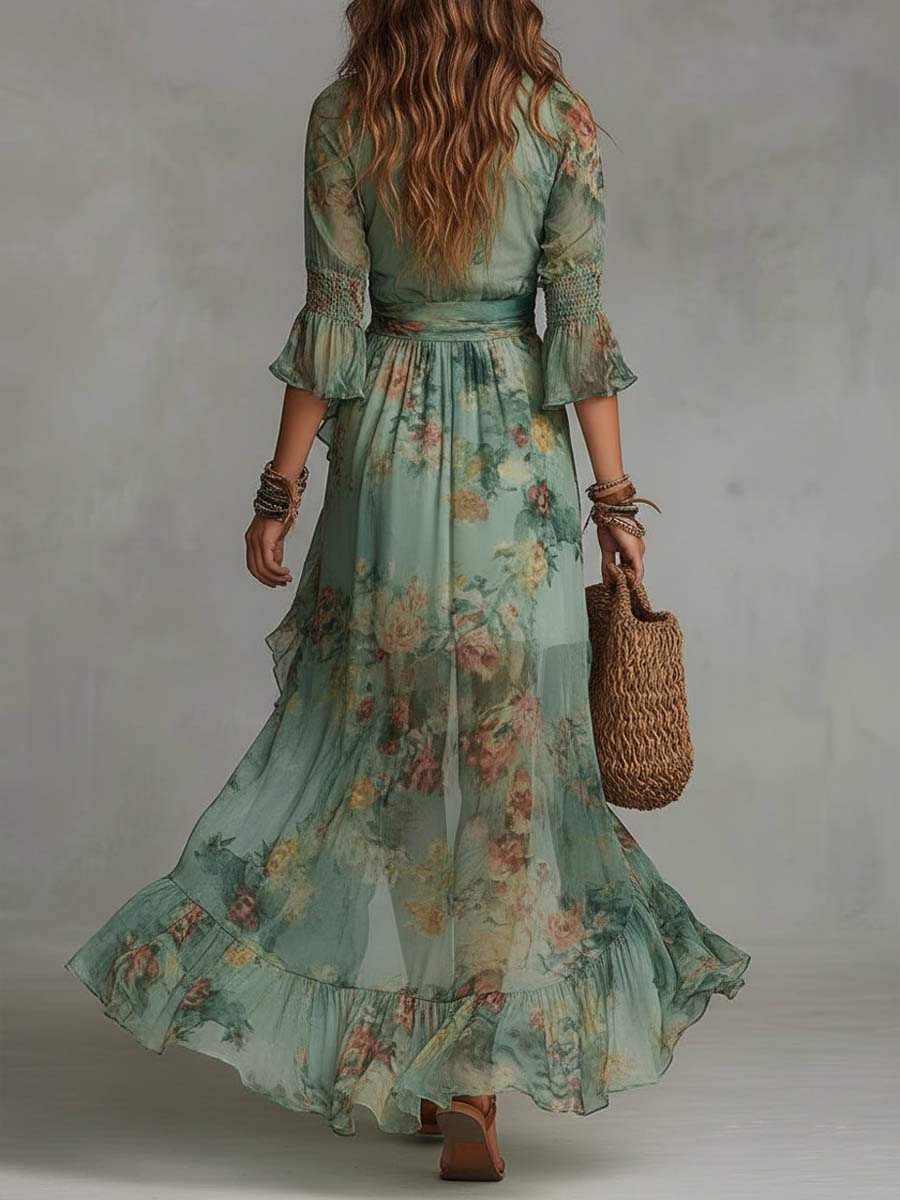 Vestido largo cruzado con estampado floral romántico retro