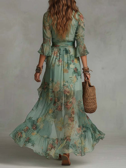 Vestido largo cruzado con estampado floral romántico retro