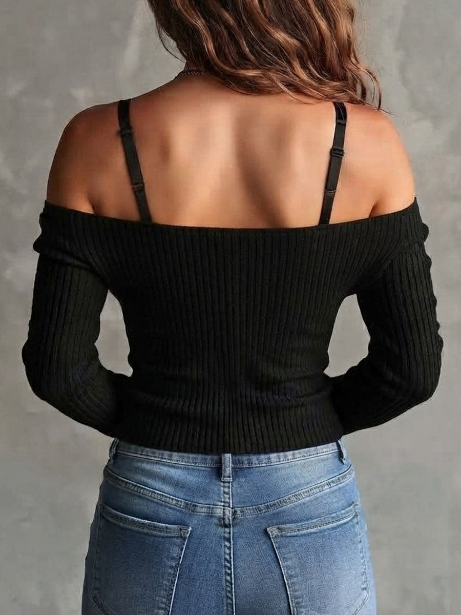 Jersey Boho de Punto Canalé con Hombros Descubiertos y Detalles de Encaje