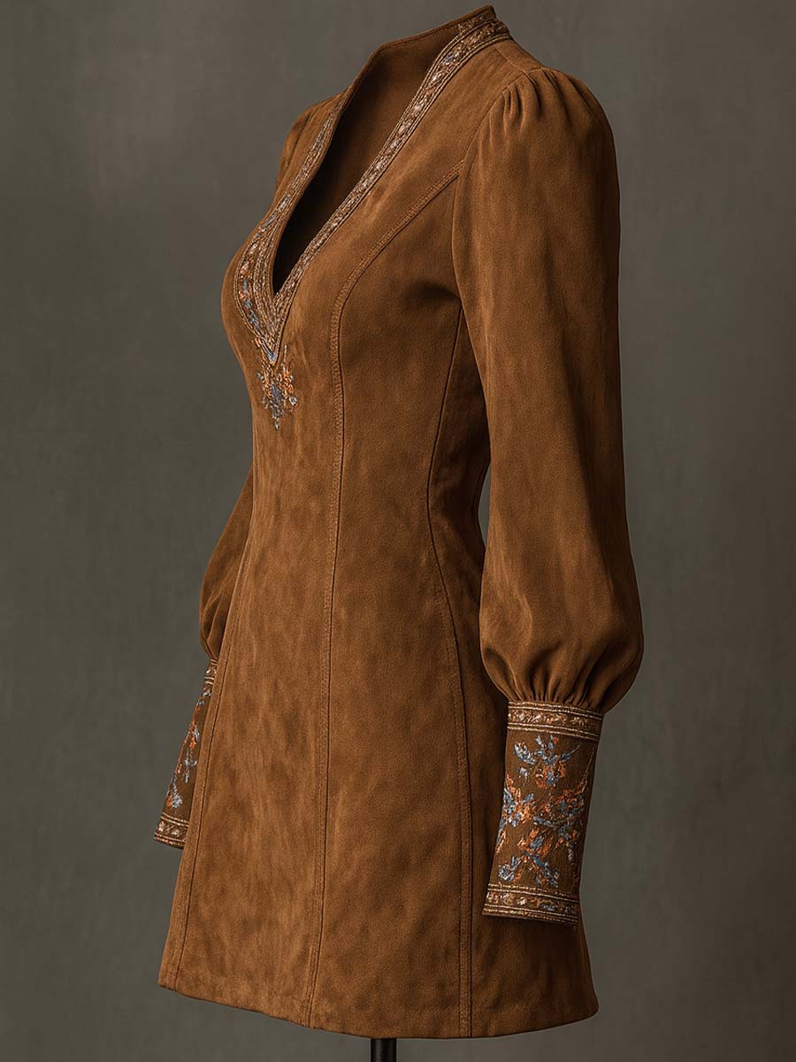 Vestido Mini Vintage de Ante Bordado con Mangas Largas