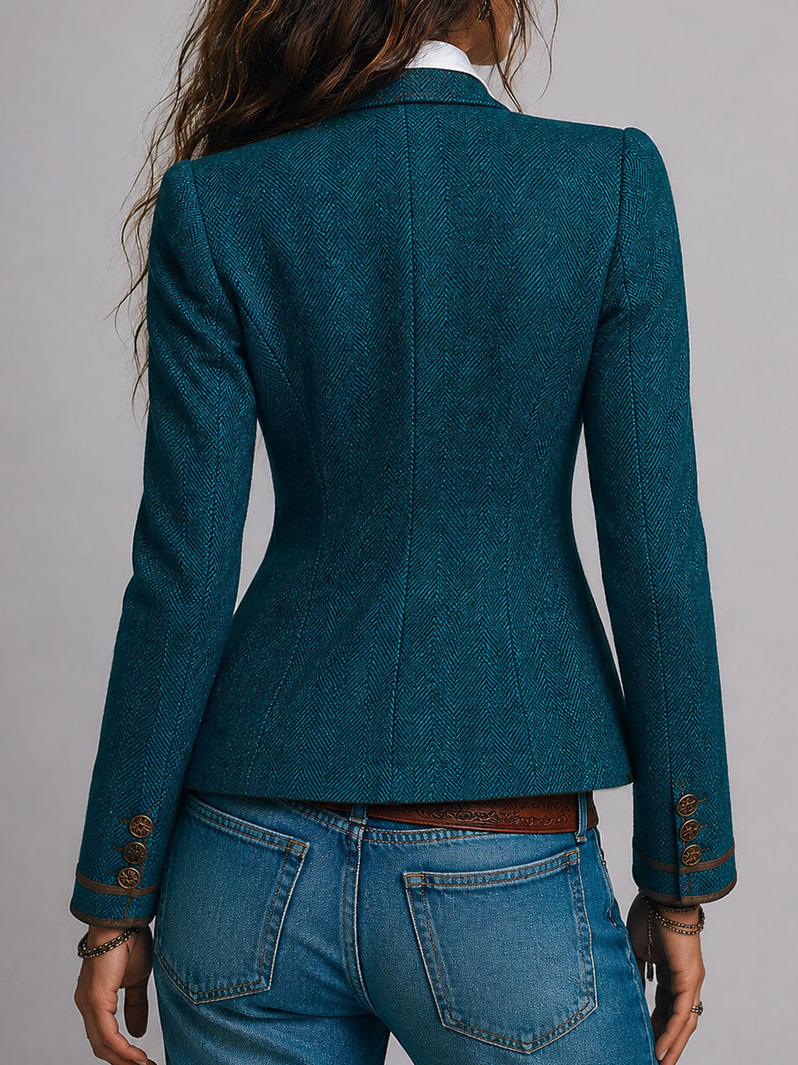 Blazer Retro Entallado de Tweed con Espiga y Detalles en Contraste