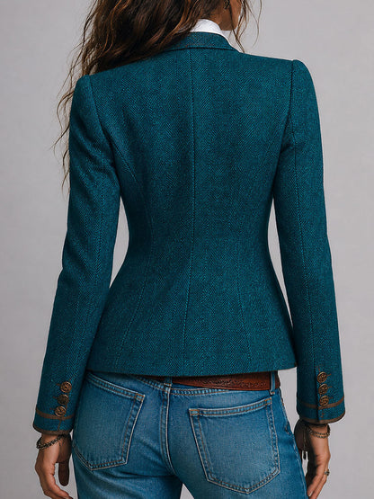 Blazer Retro Entallado de Tweed con Espiga y Detalles en Contraste