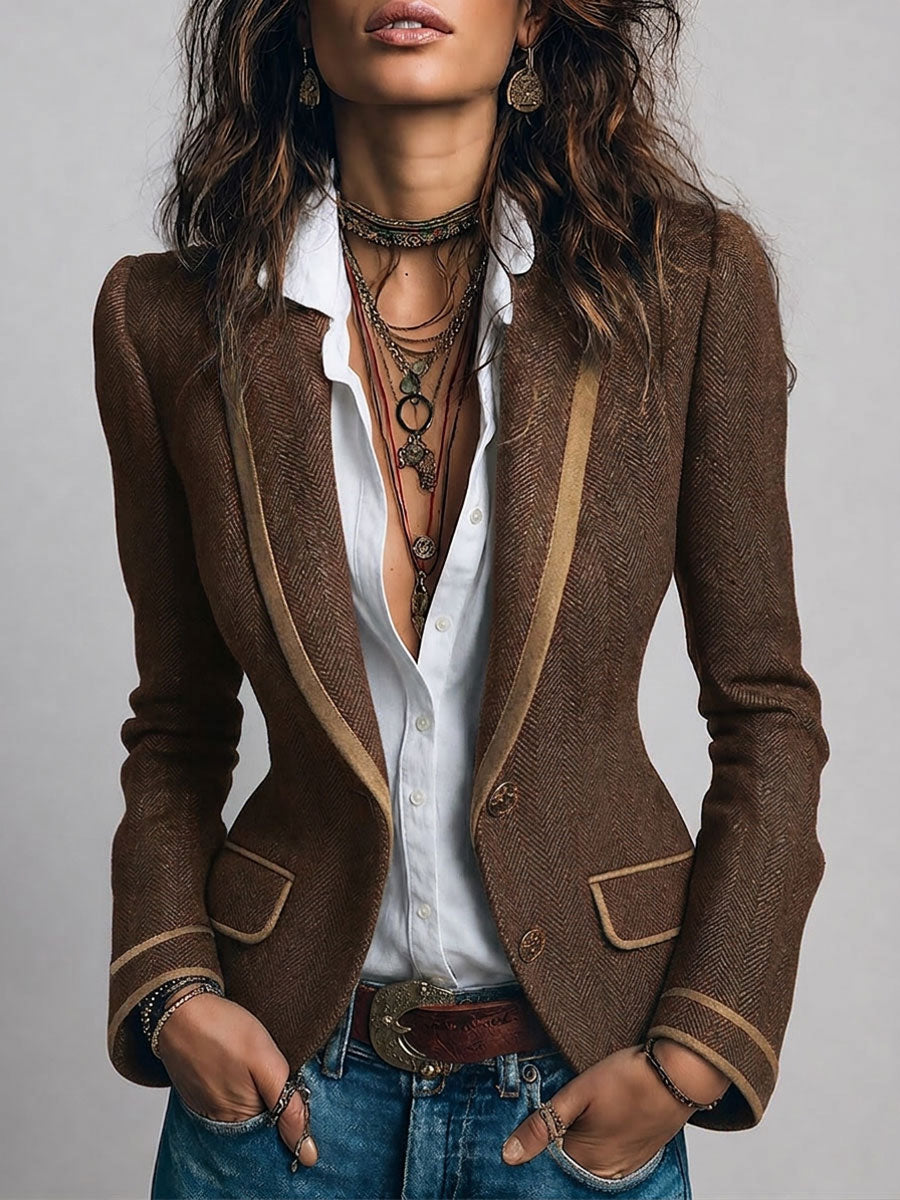 Blazer Retro Entallado de Tweed con Espiga y Detalles en Contraste