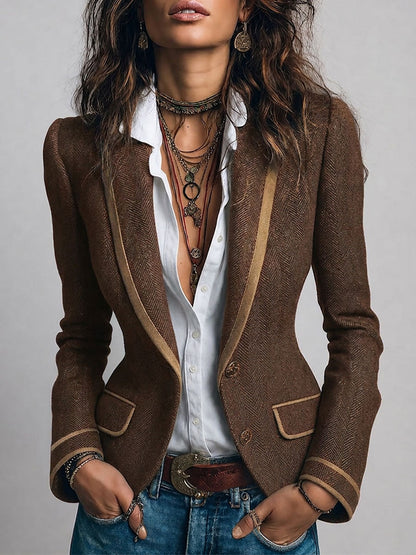 Blazer Retro Entallado de Tweed con Espiga y Detalles en Contraste