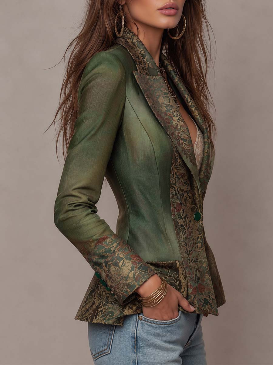 Blazer Vintage Verde Oliva Entallado con Solapas y Puños Florales en Contraste