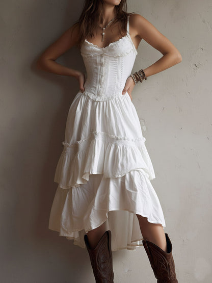 Vestido Midi Boho Retro con Corsé, Falda Escalonada y Detalles de Encaje