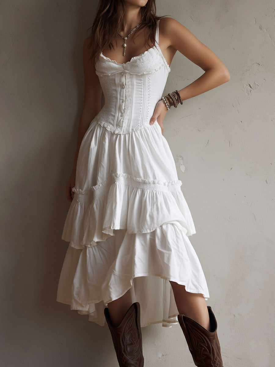 Vestido Midi Boho Retro con Corsé, Falda Escalonada y Detalles de Encaje