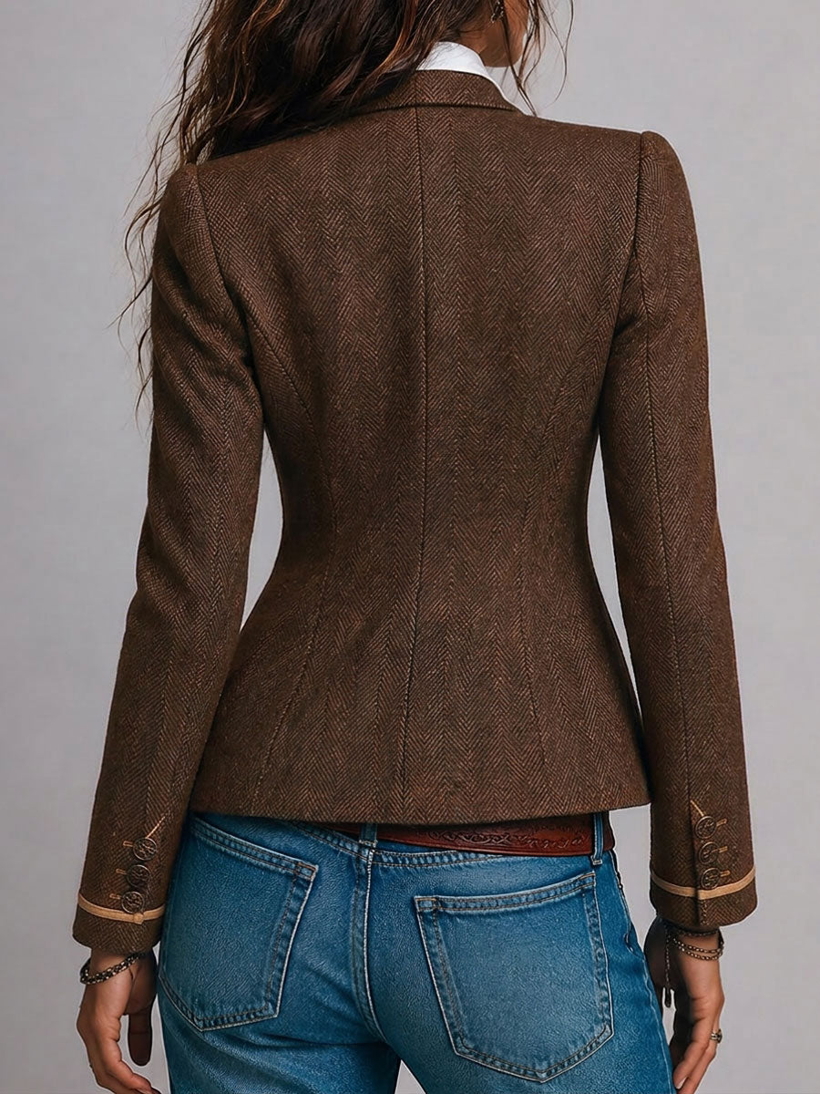Blazer Retro Entallado de Tweed con Espiga y Detalles en Contraste