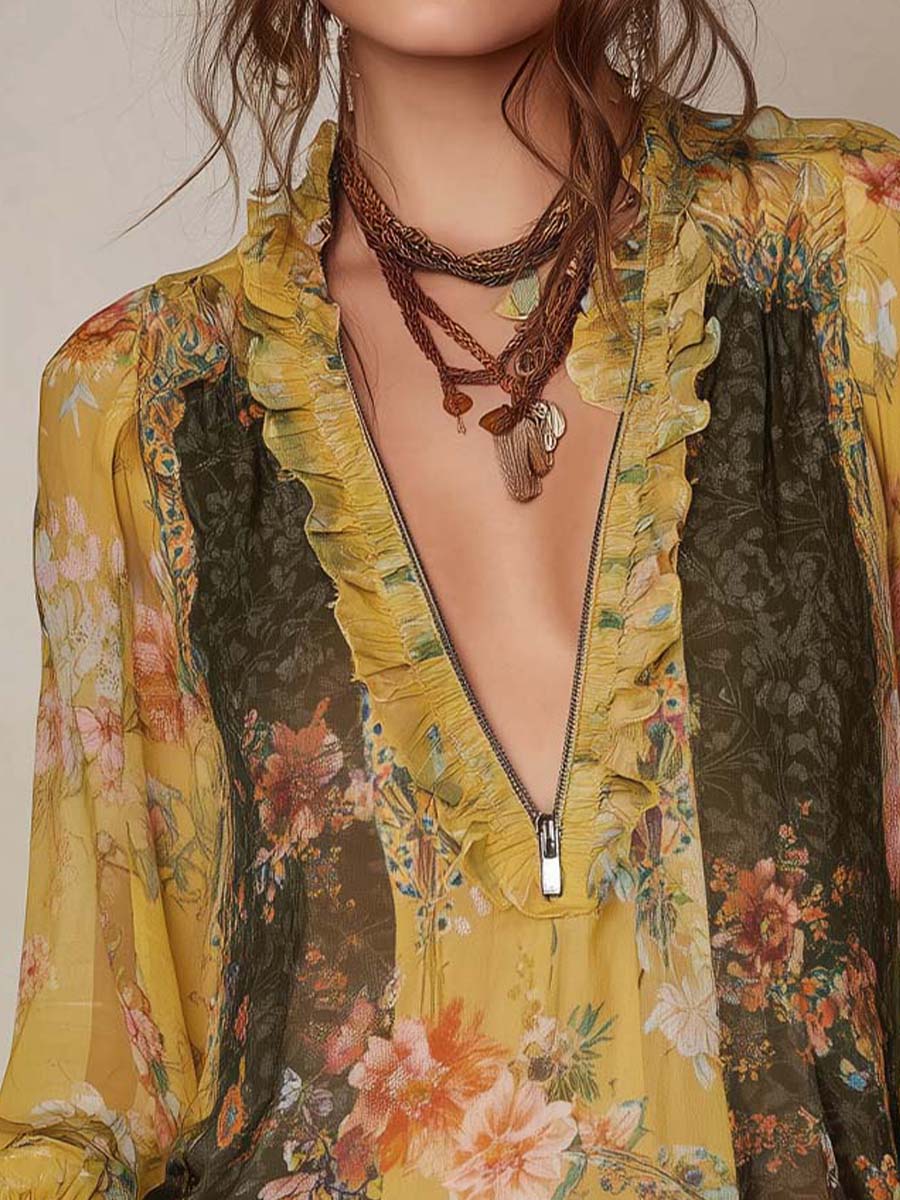 Blusa de Chifón Floral con Volantes y Cremallera Frontal