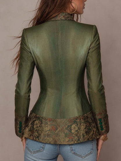 Blazer Vintage Verde Oliva Entallado con Solapas y Puños Florales en Contraste