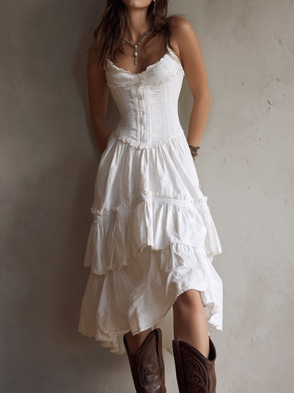 Vestido Midi Boho Retro con Corsé, Falda Escalonada y Detalles de Encaje
