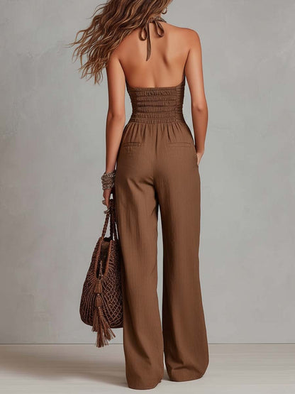 Mono Bohemio de Lino y Algodón con Cuello Halter, Cintura Fruncida y Pierna Ancha