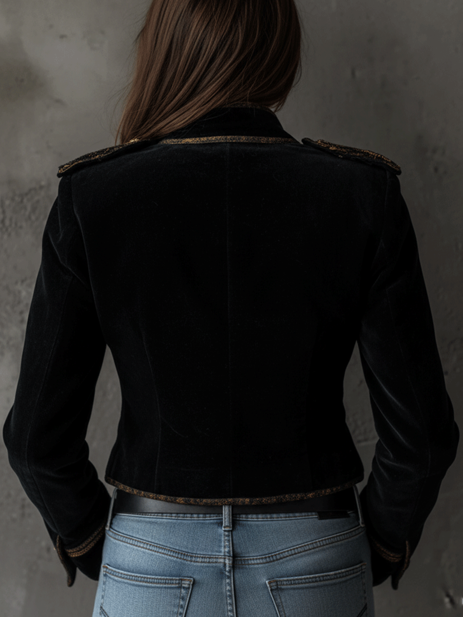 Blazer negro de terciopelo con botones dorados de inspiración militar