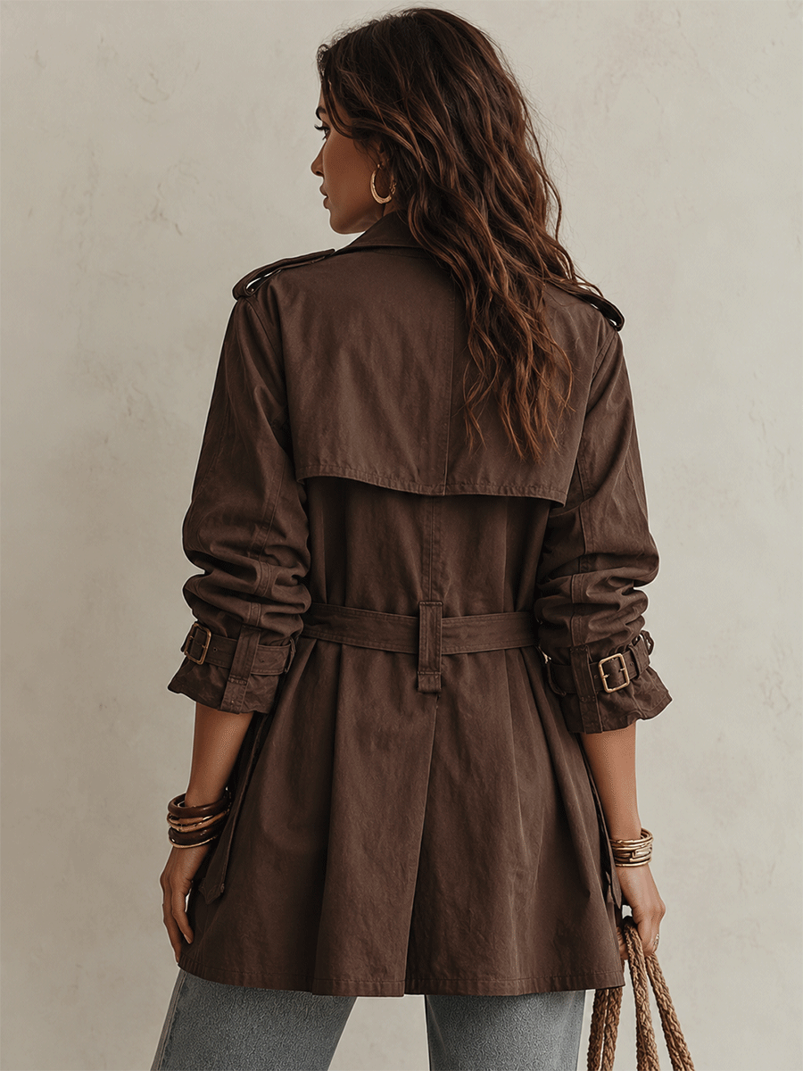 Gabardina Utility Chic Marrón Chocolate de Sarga de Algodón con Doble Botonadura y Cinturón