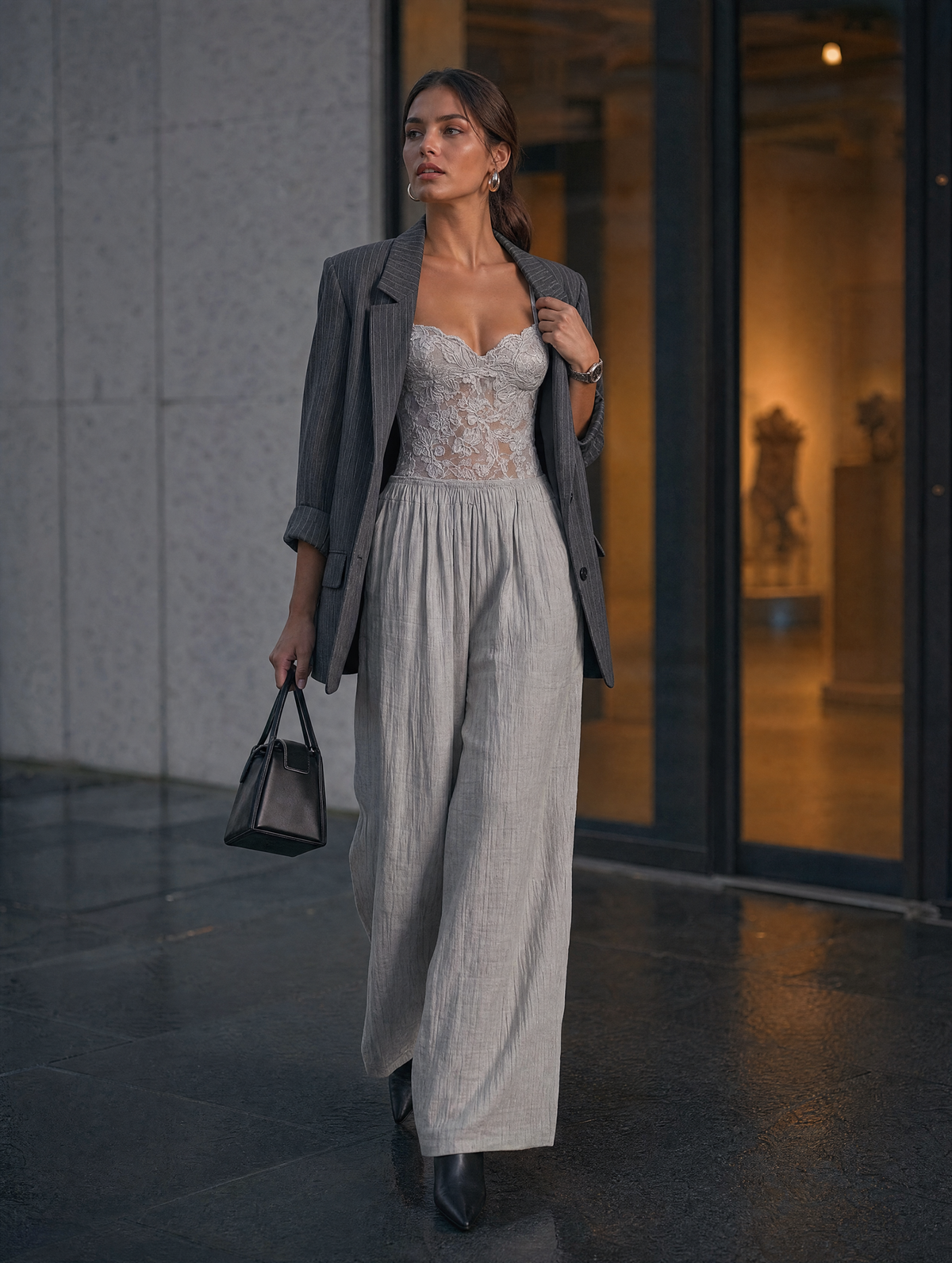 Mono Bohemio Gris Claro de Algodón Texturizado con Encaje y Pierna Ancha