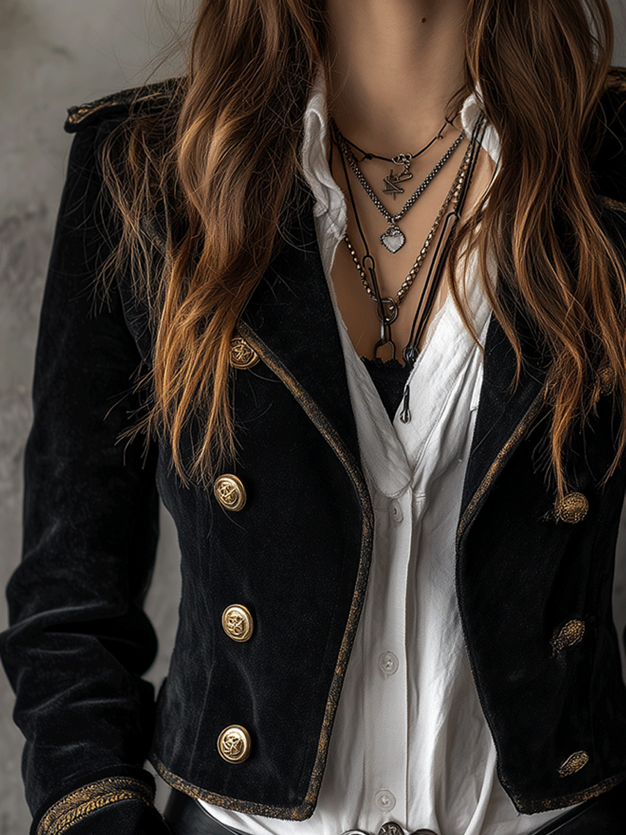 Blazer negro de terciopelo con botones dorados de inspiración militar