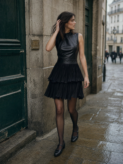 Vestido Mini Chic de Ecopiel Negra con Falda de Gasa Plisada en Capas