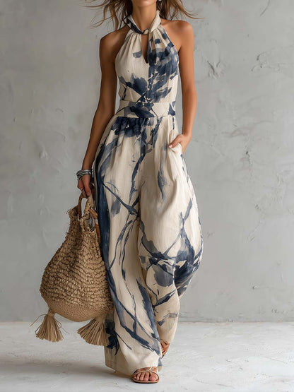 Mono de Pierna Ancha con Cuello Halter, Estampado Efecto Tinta y Bolsillos