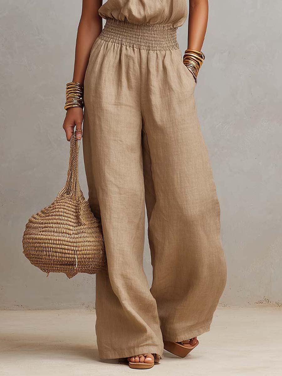 Mono Beige Tostado de Algodón y Lino con Cuello Halter, Cintura Fruncida y Pierna Ancha
