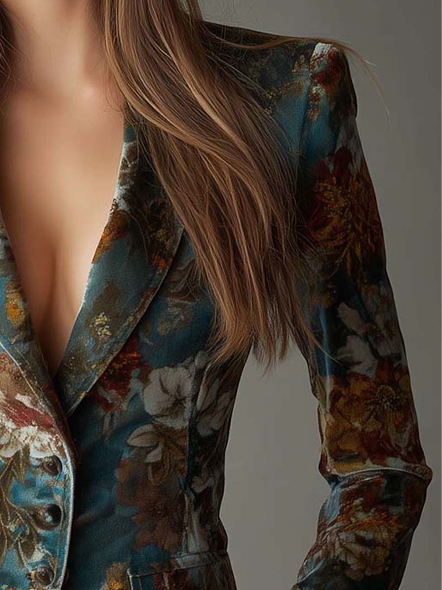 Blazer Vintage de Terciopelo Verde Azulado con Estampado Floral