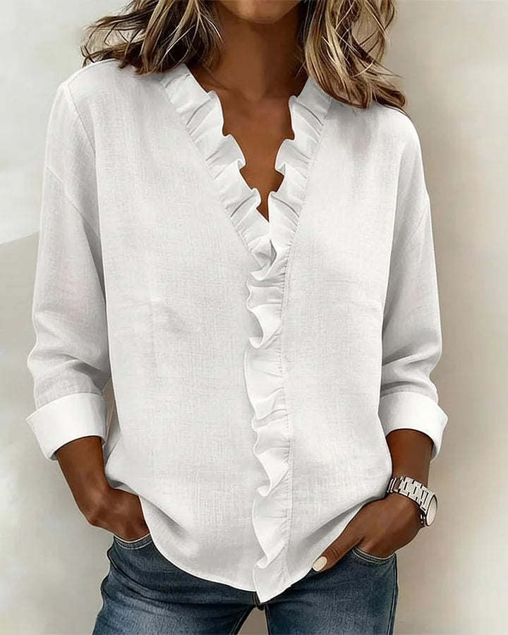Irene | Blusa con volantes, escote en V y mangas largas