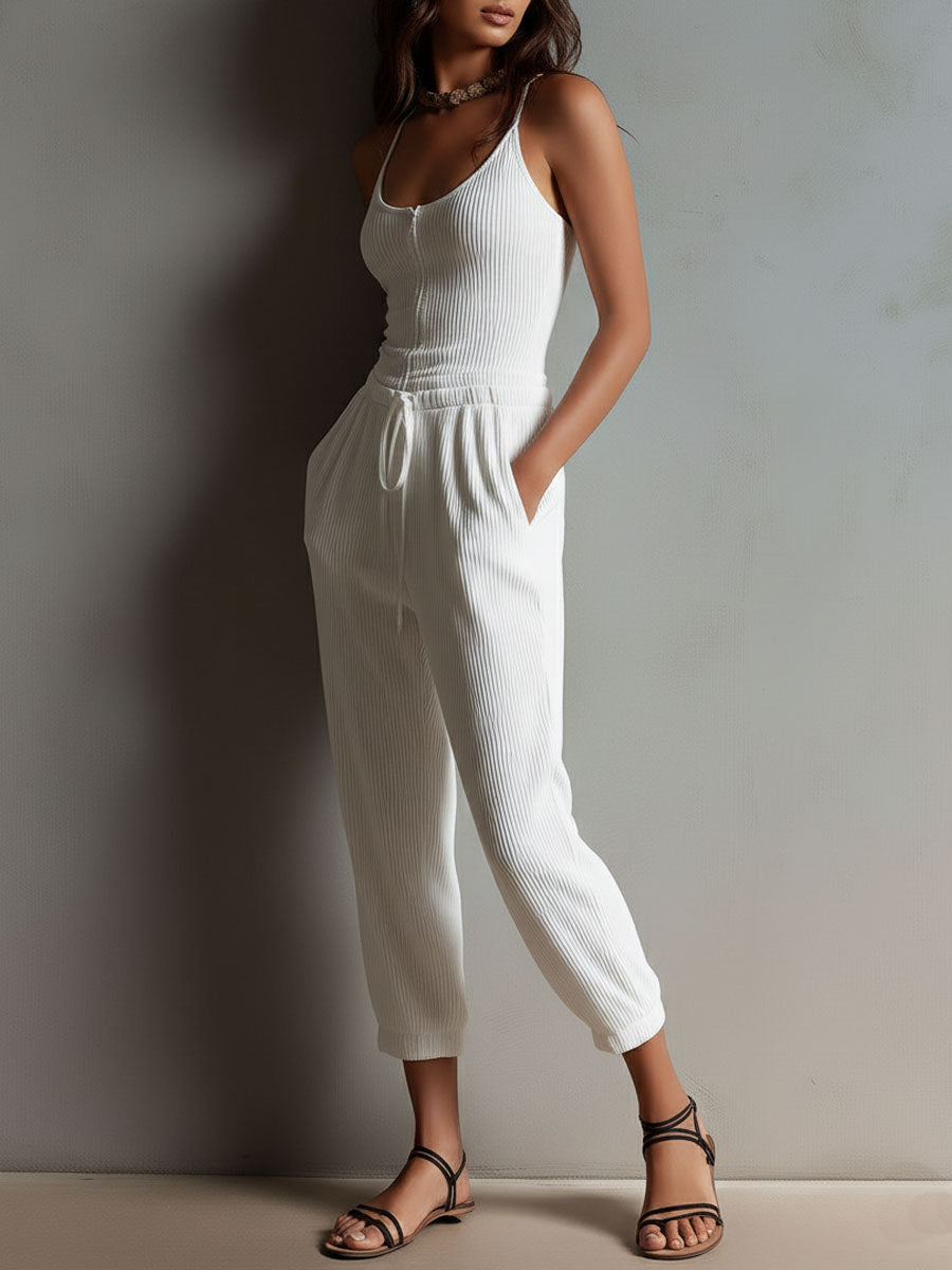 Mono Boho Casual Blanco de Punto Canalé con Cintura Ajustable