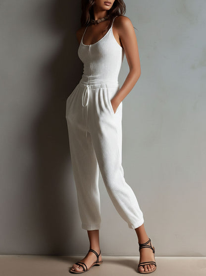 Mono Boho Casual Blanco de Punto Canalé con Cintura Ajustable