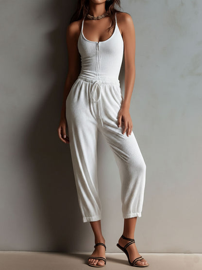 Mono Boho Casual Blanco de Punto Canalé con Cintura Ajustable