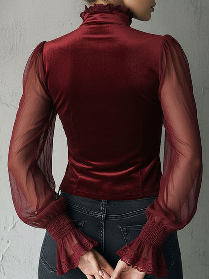 Blusa Corsé Gótica de Terciopelo Negro con Encaje y Mangas Transparentes