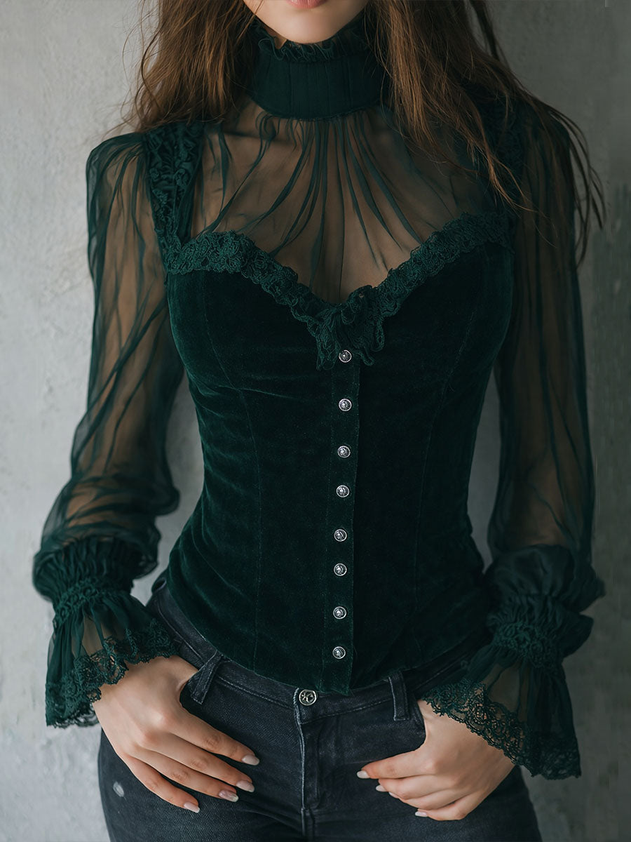 Blusa Corsé Gótica de Terciopelo Negro con Encaje y Mangas Transparentes
