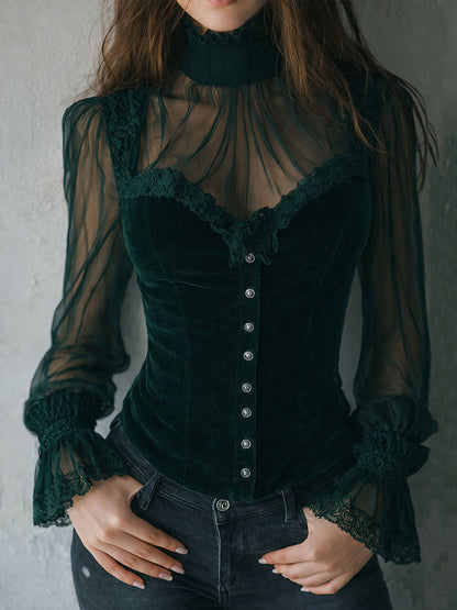 Blusa Corsé Gótica de Terciopelo Negro con Encaje y Mangas Transparentes