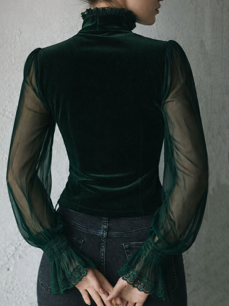 Blusa Corsé Gótica de Terciopelo Negro con Encaje y Mangas Transparentes