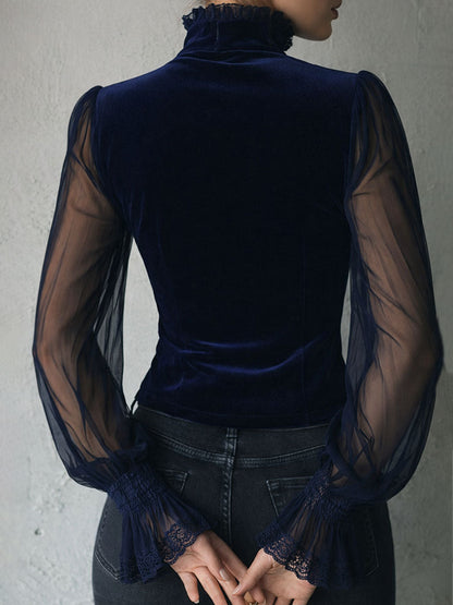 Blusa Corsé Gótica de Terciopelo Negro con Encaje y Mangas Transparentes