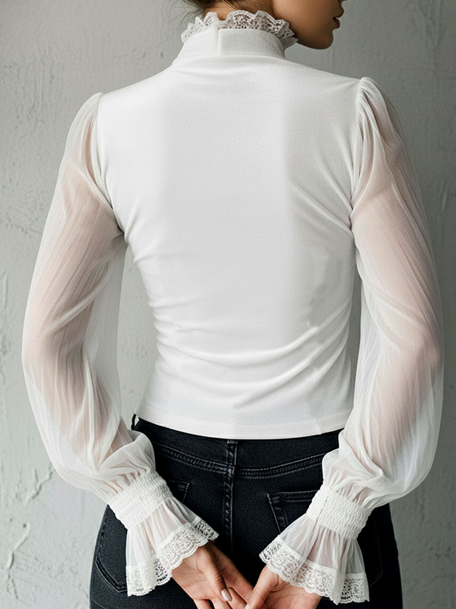 Blusa Corsé Gótica de Terciopelo Negro con Encaje y Mangas Transparentes