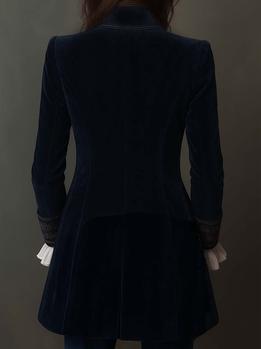 Chaqueta Larga Vintage de Terciopelo Azul Marino con Bordados