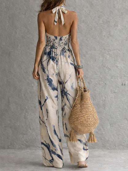 Mono de Pierna Ancha con Cuello Halter, Estampado Efecto Tinta y Bolsillos