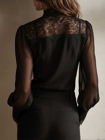 Blusa Retro Elegante de Chifón con Cuello Alto de Encaje y Lazo